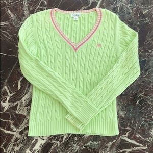 Lilly Pulitzer Light Lime Cable Knit V-Neck Sweater with Pink Trim